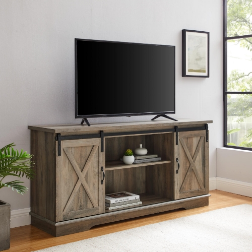 58" Modern Farmhouse TV Stand in Grey Wash